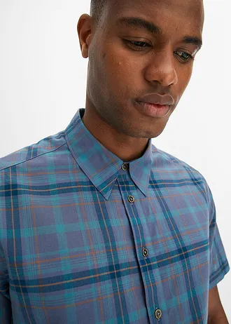 Košile z čisté bavlny, krátký rukáv • kouřově modrá-opálově modrá -matně kobaltově tyrkysová- hnědá moka kostkované • bonprix obchod