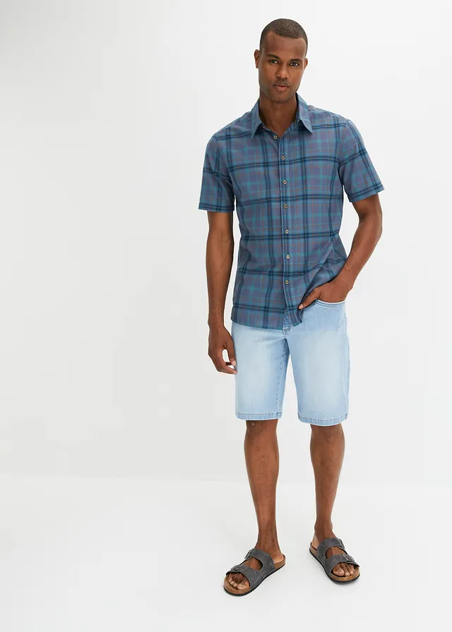 Geruit overhemd van puur katoen met korte mouwen, Kleur: rookblauw-opaalblauw-mat kobaltturkoois-mokkabruin geruit