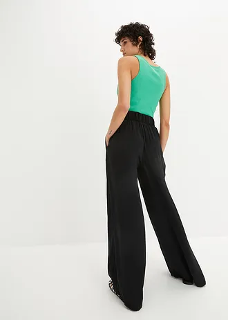 Pantalon palazzo léger et fluide, taille haute et confortable, long, Couleur: noir