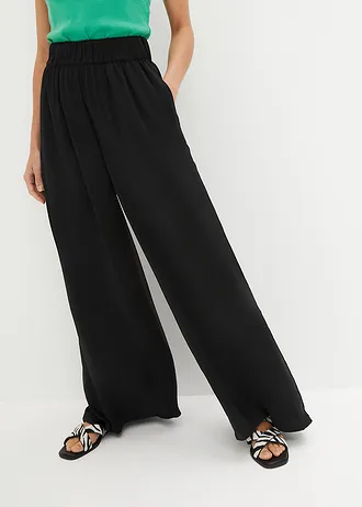 Pantalon palazzo léger et fluide, taille haute et confortable, long, Couleur: noir