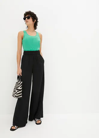 Pantalon palazzo léger et fluide, taille haute et confortable, long, Couleur: noir