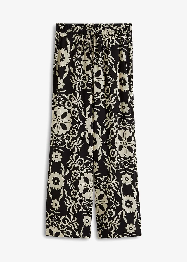 Pantalon large en viscose fluide, Couleur: noir/beige galet imprimé