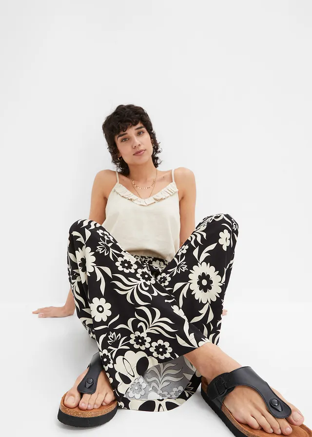 Pantalon large en viscose fluide • noir/beige galet imprimé • product-page.page-title-suffix