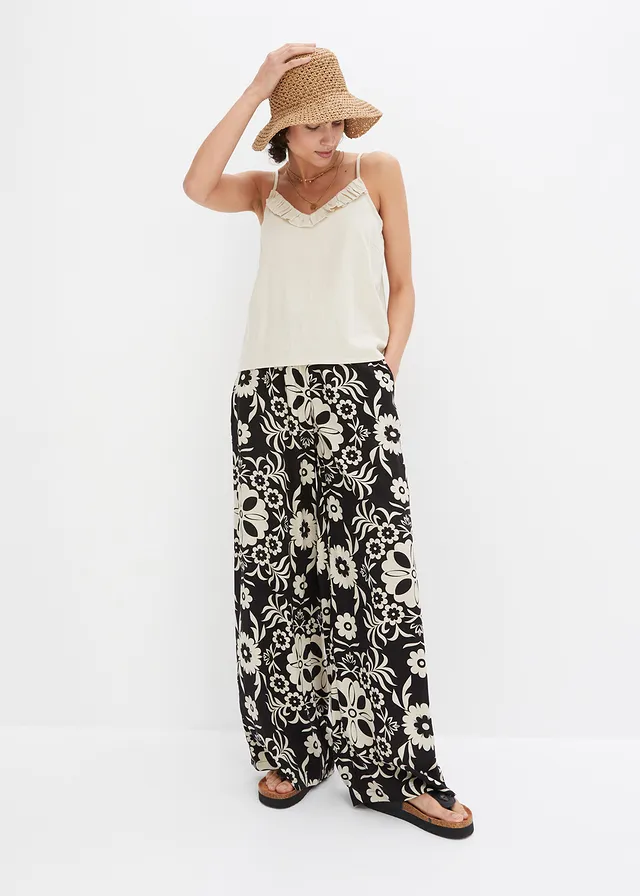 Pantalon large en viscose fluide, Couleur: noir/beige galet imprimé