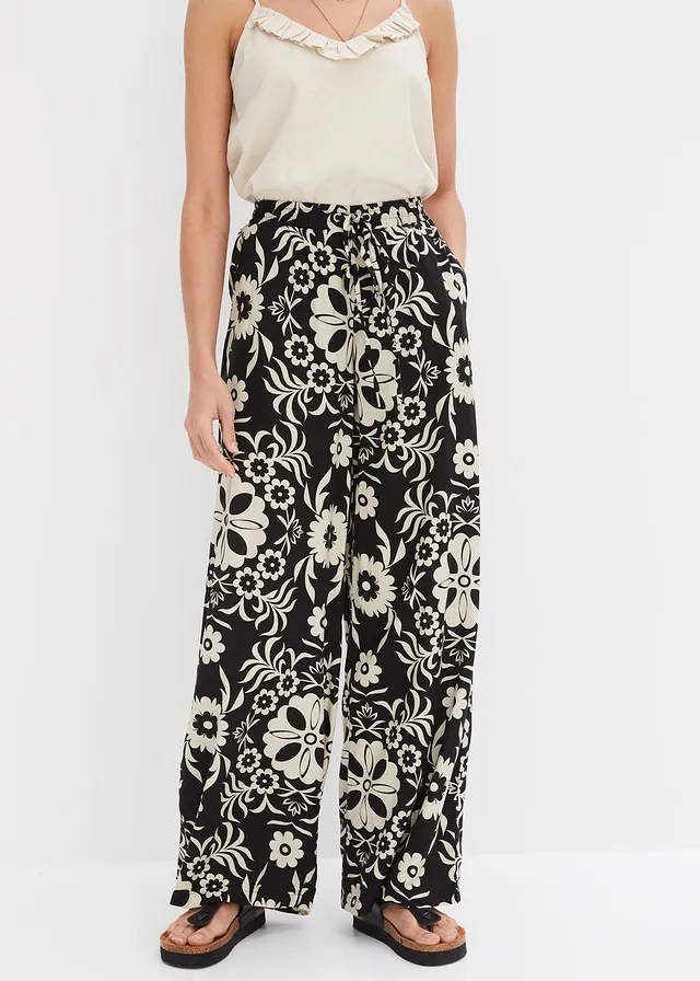 Pantalon large en viscose fluide, Couleur: noir/beige galet imprimé