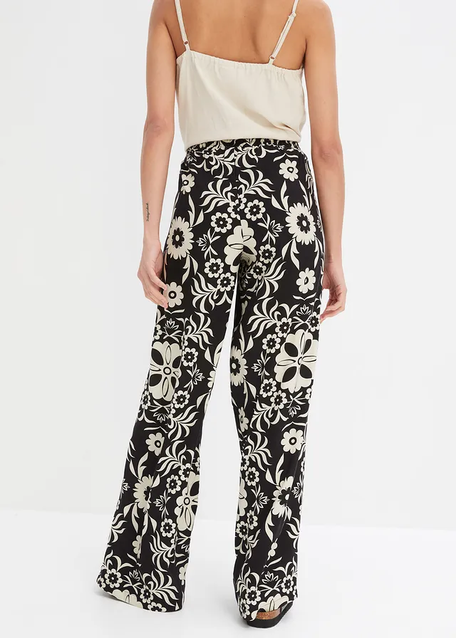 Pantalon large en viscose fluide, Couleur: noir/beige galet imprimé