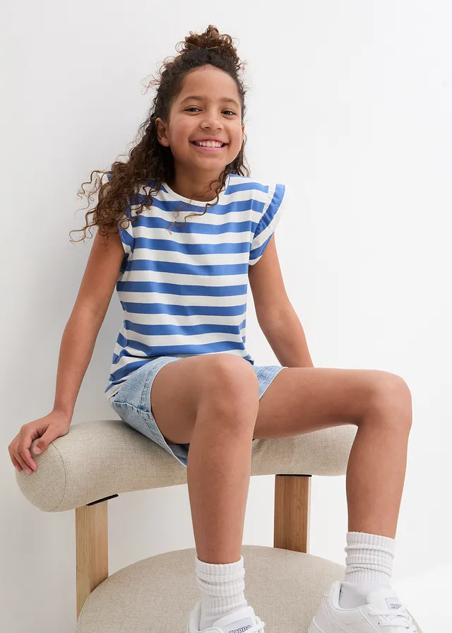 Meisjes jersey shirt (set van 2) met biologisch katoen, Kleur: wolwit-hemelblauw