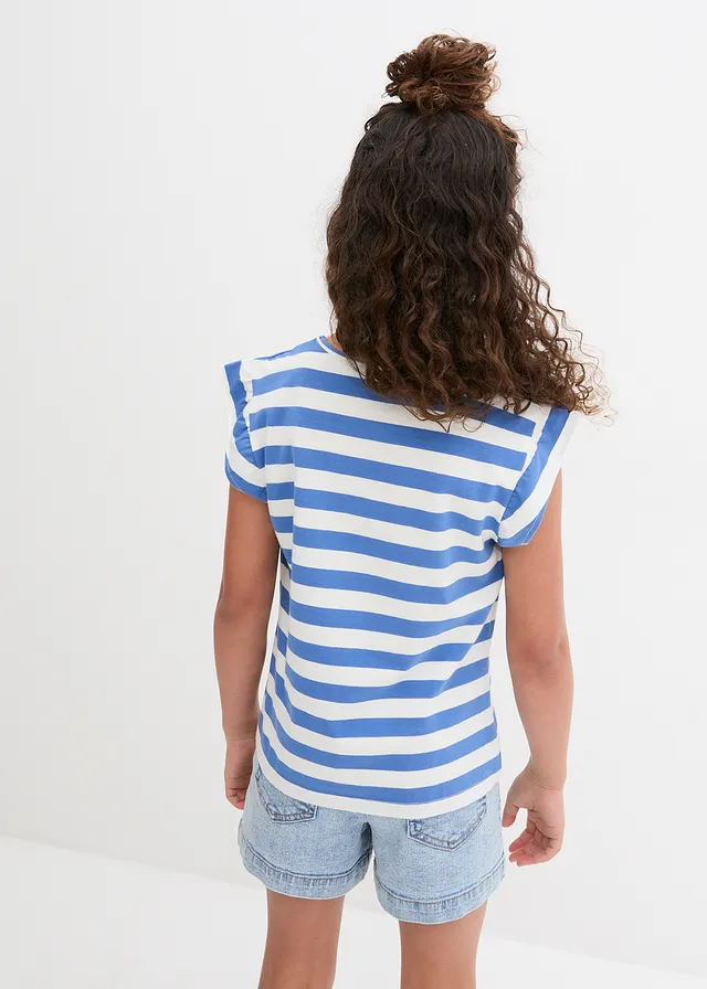 Meisjes jersey shirt (set van 2) met biologisch katoen, Kleur: wolwit-hemelblauw