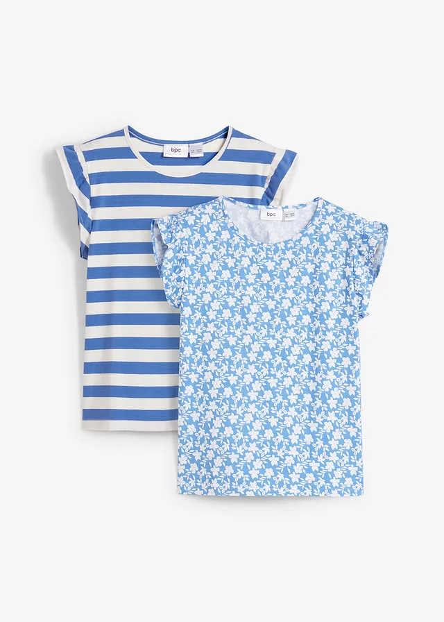 Meisjes jersey shirt (set van 2) met biologisch katoen, Kleur: wolwit-hemelblauw