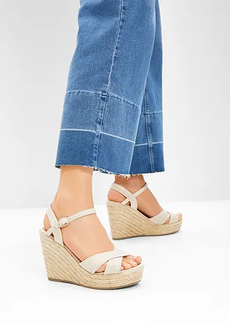 Sandaletten met sleehak in raffia-look • beige • bonprix online shop
