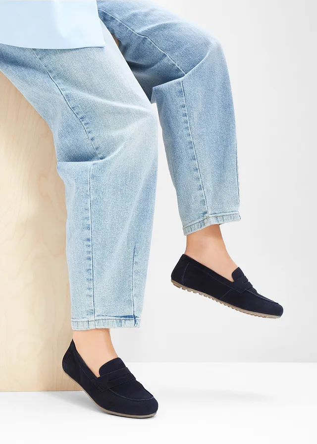 Mocassins en cuir velours, Couleur: bleu foncé