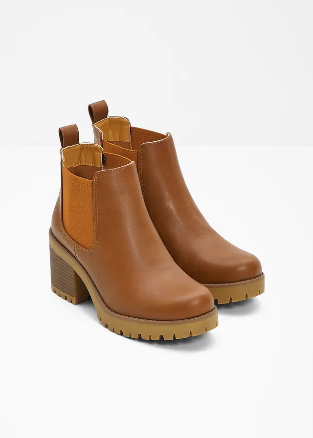 Bottines Chelsea à talon carré, Couleur: cognac