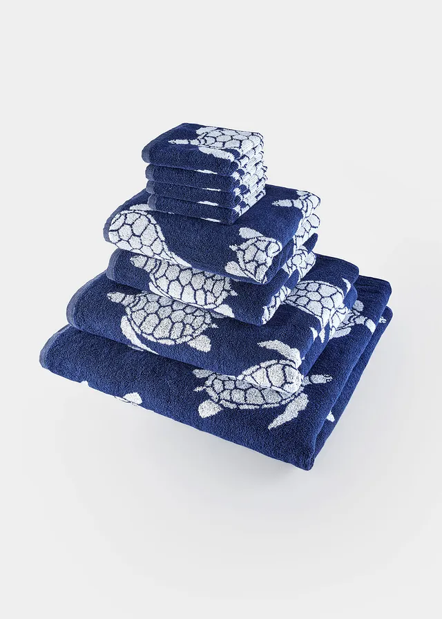 Serviette de toilette pur coton motif tortue, Couleur: bleu