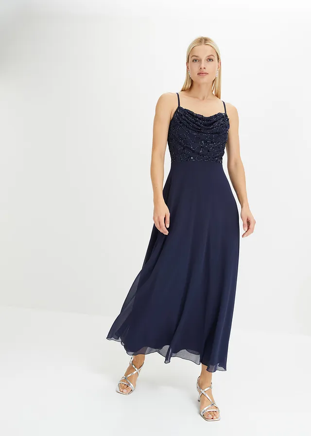 Jurk met spaghettibandjes en paillettenborduursel, Kleur: donkerblauw