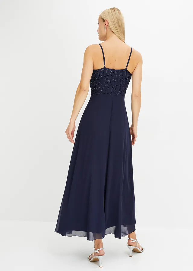 Jurk met spaghettibandjes en paillettenborduursel, Kleur: donkerblauw