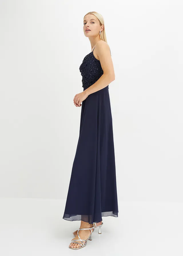 Jurk met spaghettibandjes en paillettenborduursel, Kleur: donkerblauw