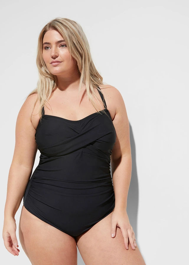 Maillot 1 pièce sculptant style croisé, maintien léger, Couleur: noir