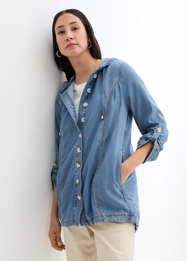 Zomerse blousejas met verkoelend linnen, Kleur: middenblauw denim