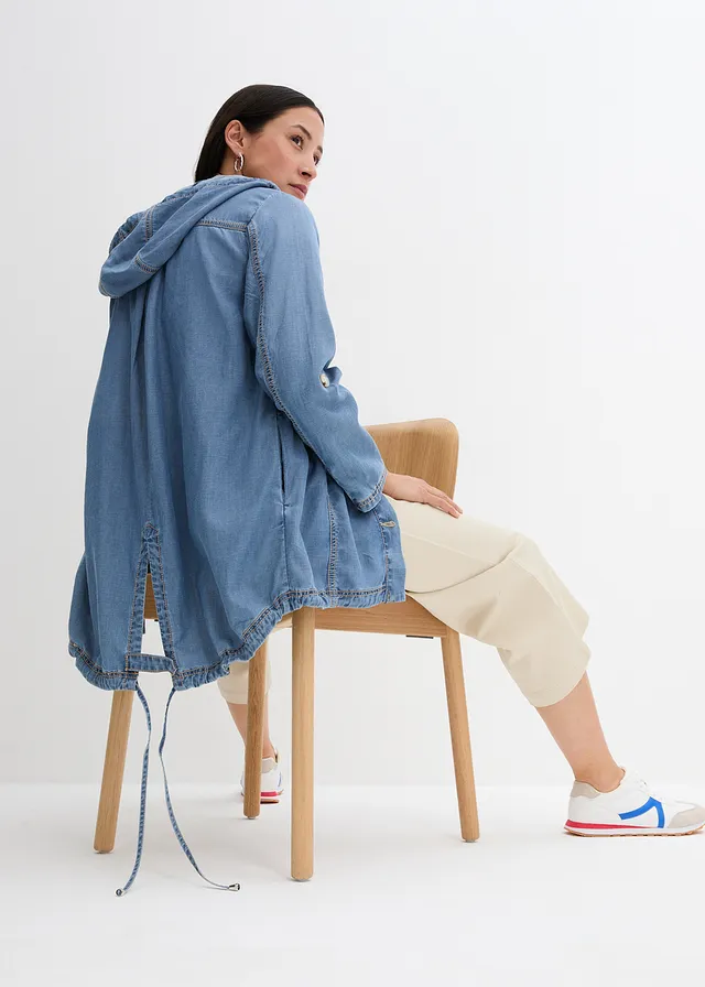 Zomerse blousejas met verkoelend linnen, Kleur: middenblauw denim