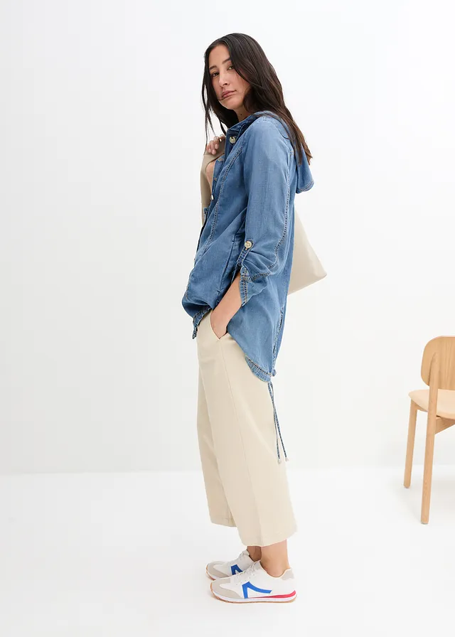 Zomerse blousejas met verkoelend linnen, Kleur: middenblauw denim