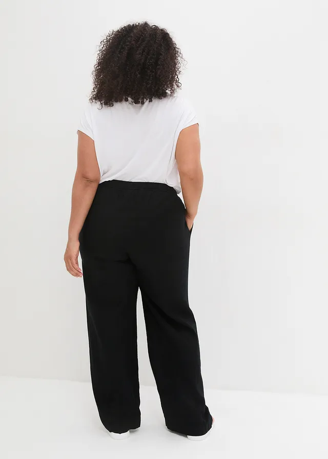 Pantalon palazzo léger en lin et viscose, Couleur: noir