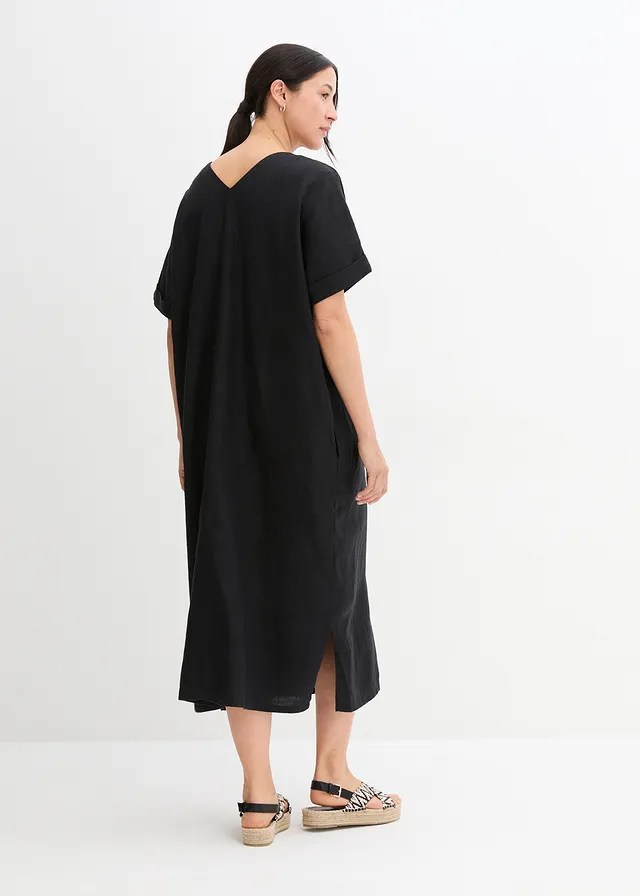 Kaftan jurk van puur linnen, Kleur: zwart