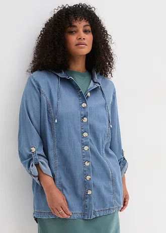 Zomerse blousejas met verkoelend linnen, Kleur: middenblauw denim