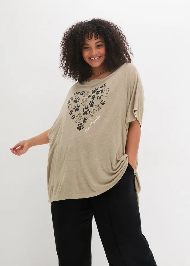 T-shirt en viscose fluide, Couleur: new kaki graphique
