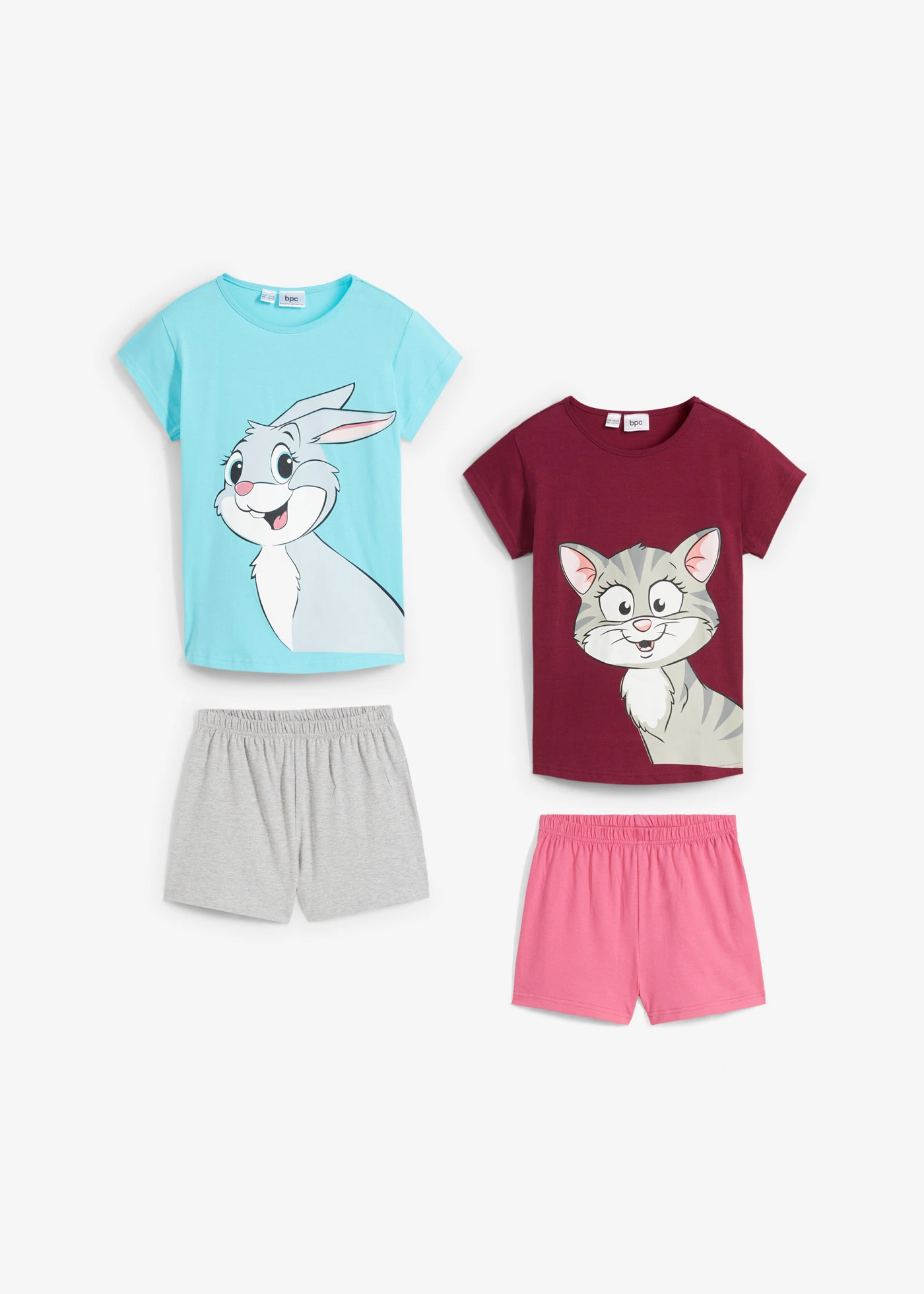 Lot de 2 pyjashorts doux • bleu lagon/prune/gris clair chiné/rose imprimé • Boutique bonprix