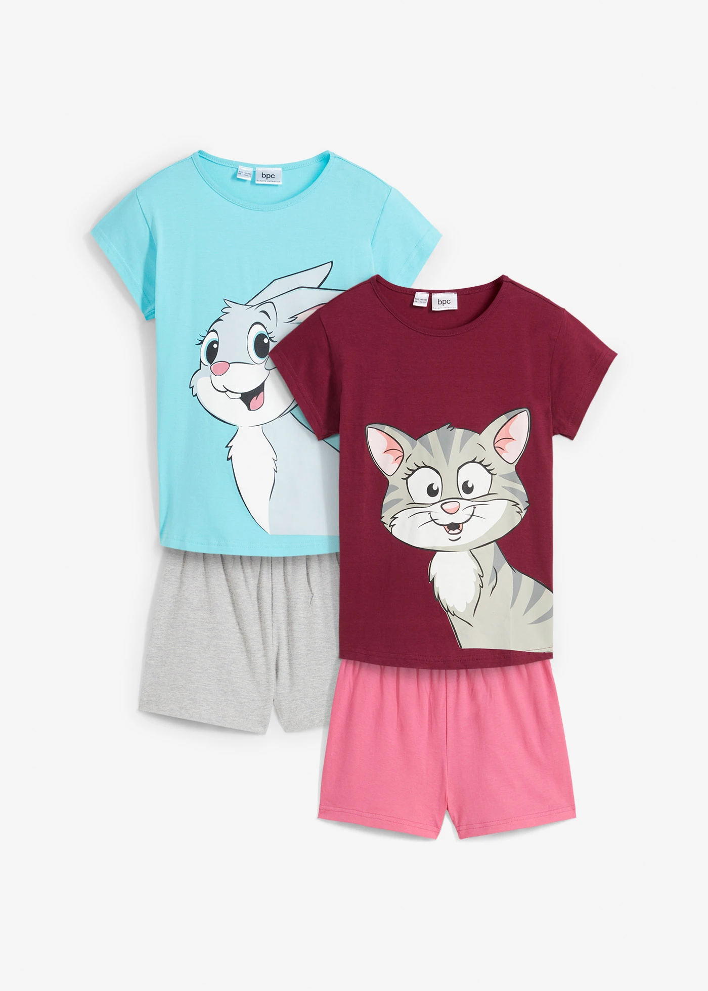 Lot de 2 pyjashorts doux • bleu lagon/prune/gris clair chiné/rose imprimé • Boutique bonprix