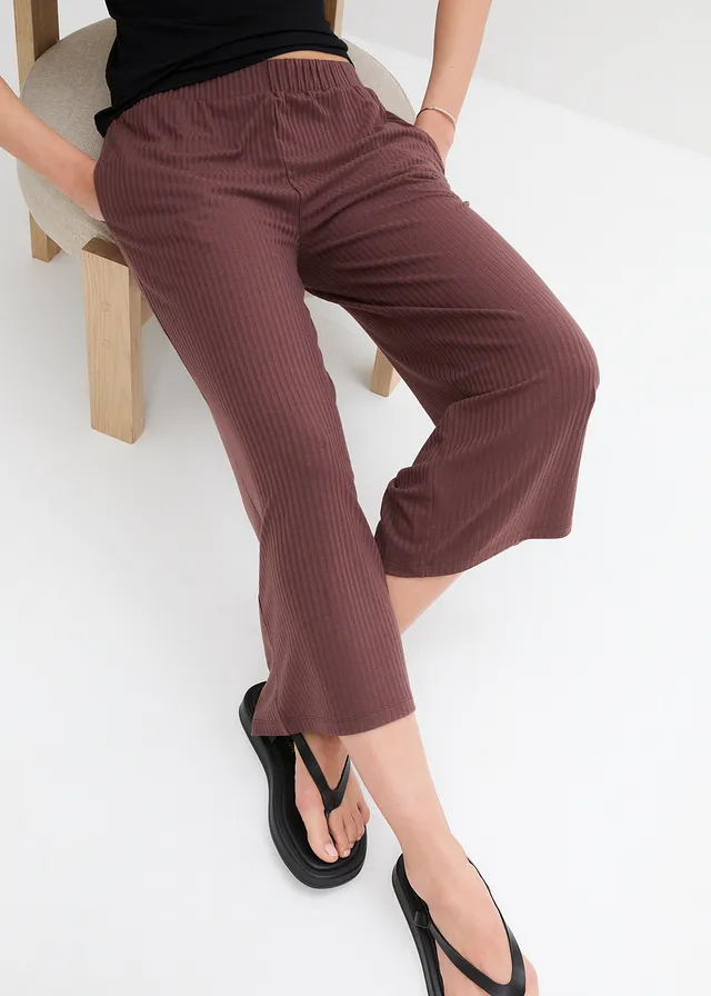 Pantalon en jersey côtelé à taille élastiquée, Couleur: acajou foncé