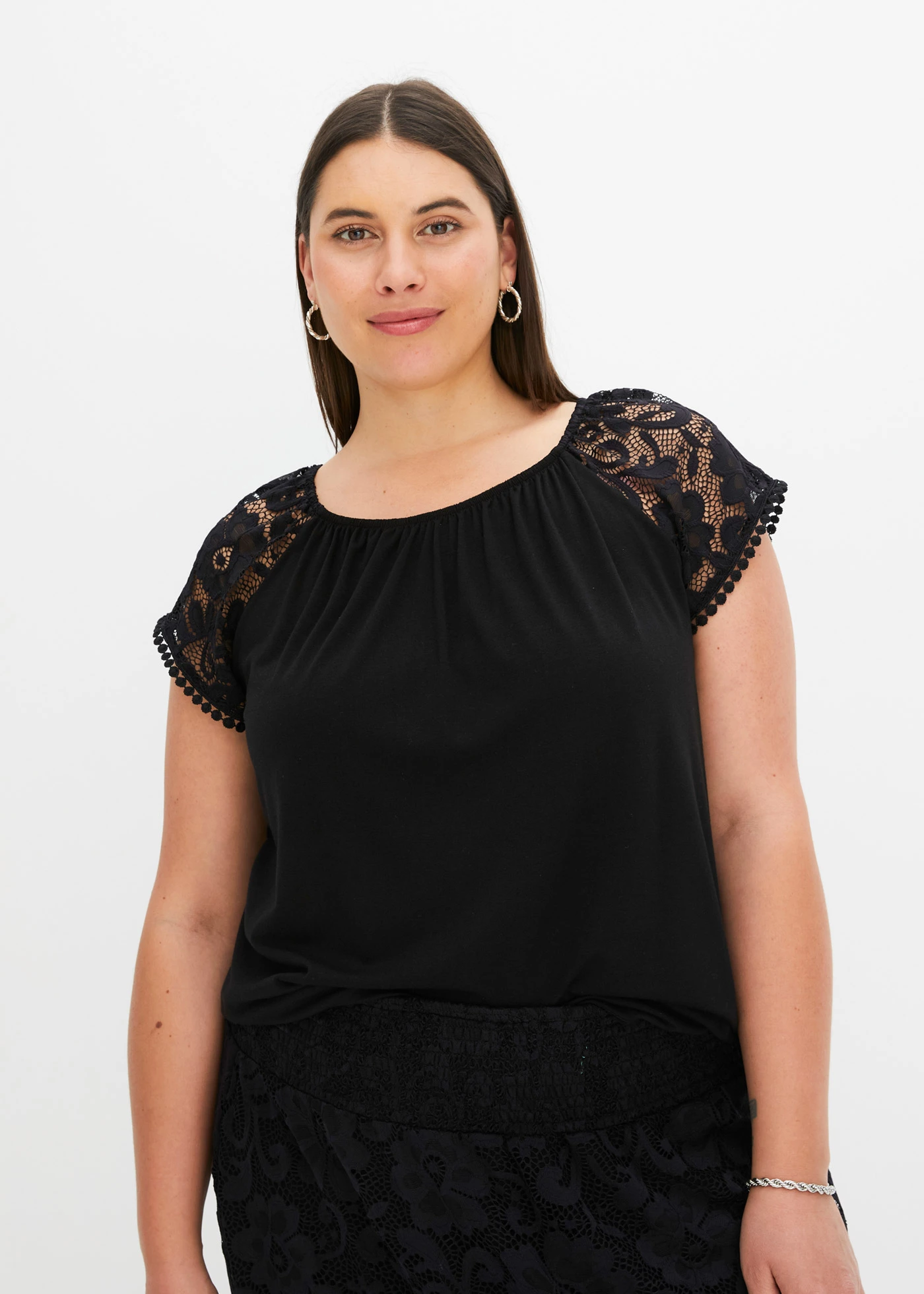 Shirt met kanten mouwen • zwart plus size • bonprix online shop