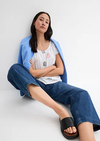 T-shirt z okrągłym dekoltem i nadrukiem, z bawełny organicznej • biały z nadrukiem • sklep bonprix