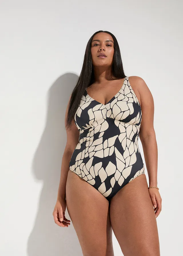 Maillot 1 pièce sculptant à col en V, maintien modéré, Couleur: noir/beige imprimé