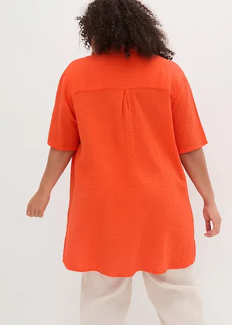 Lange mousseline overhemdblouse, Kleur: mandarijnrood