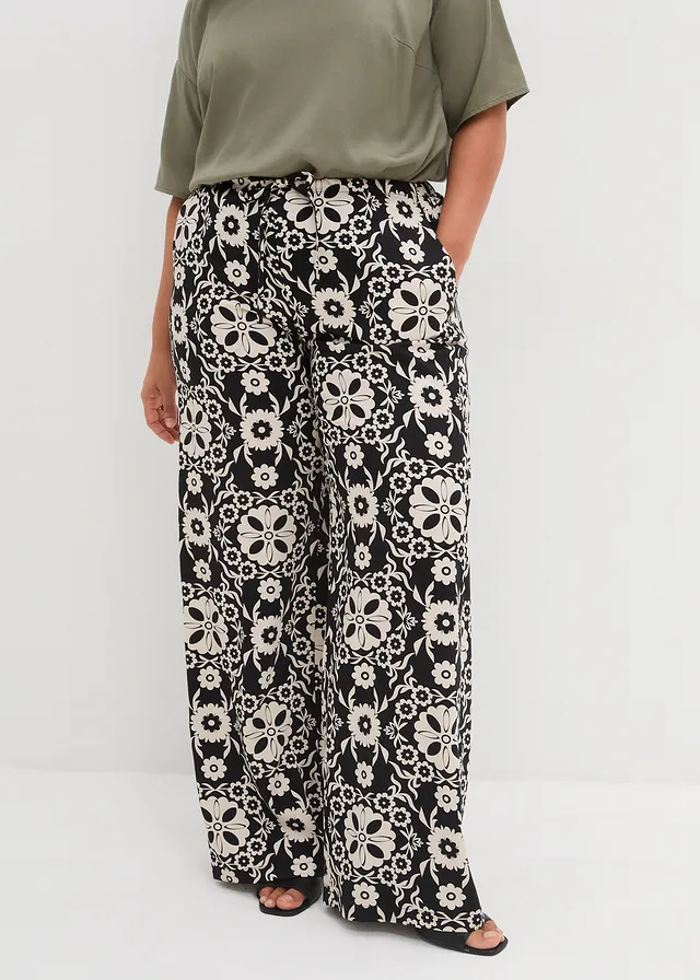 Gedessineerde viscose broek met steekzakken opzij, Kleur: zwart-kiezelgrijs