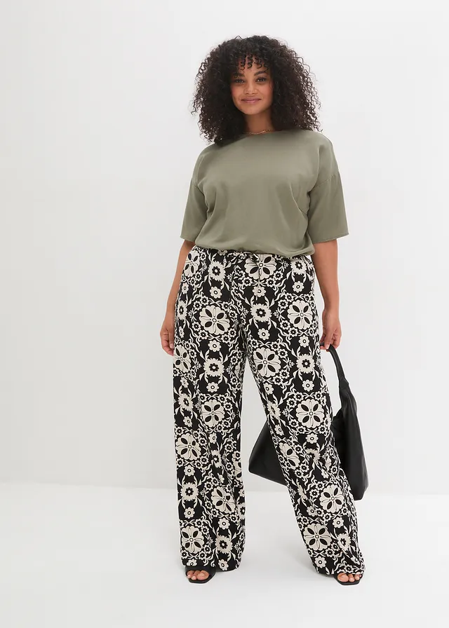 Pantalon imprimé, taille élastiquée, Couleur: noir/gris galet
