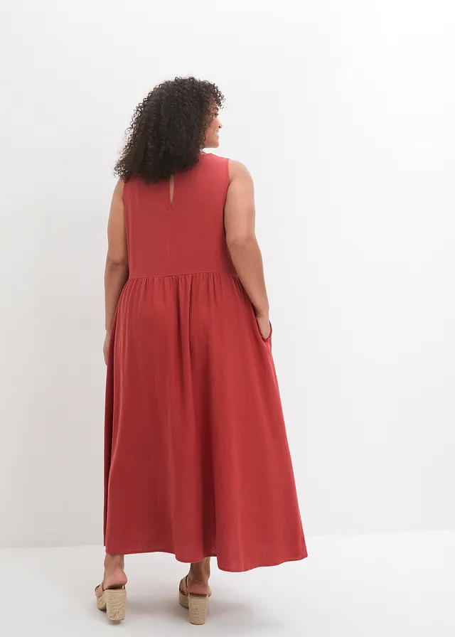 Maxi jurk in een lichte linnen-viscosemix, Kleur: karmijnrood