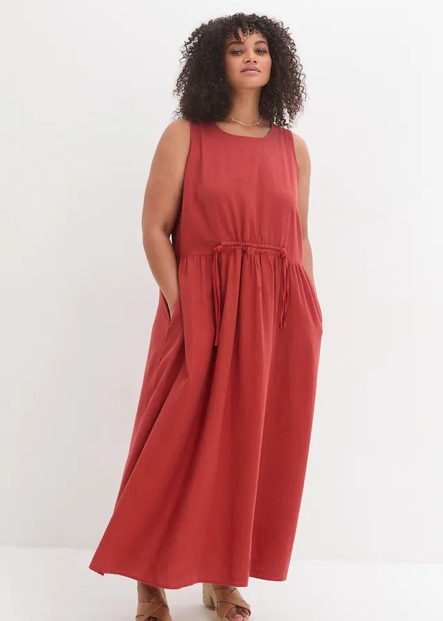 Maxi jurk in een lichte linnen-viscosemix, Kleur: karmijnrood