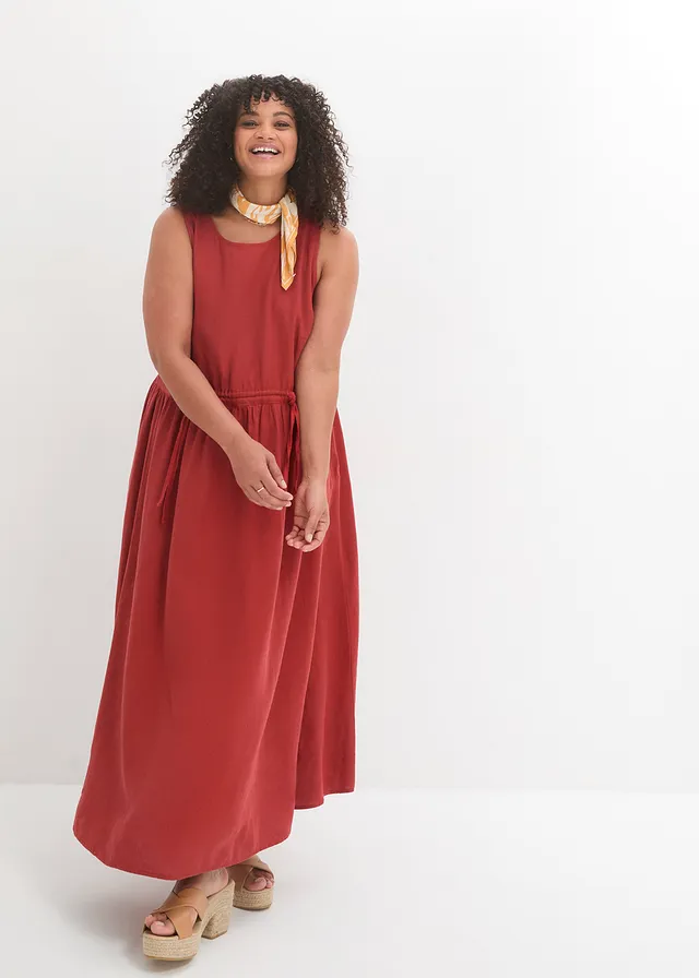 Maxi jurk in een lichte linnen-viscosemix, Kleur: karmijnrood