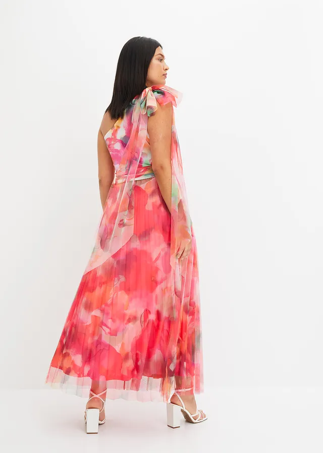 One-shoulder jurk met plissé rok, Kleur: pink-groen