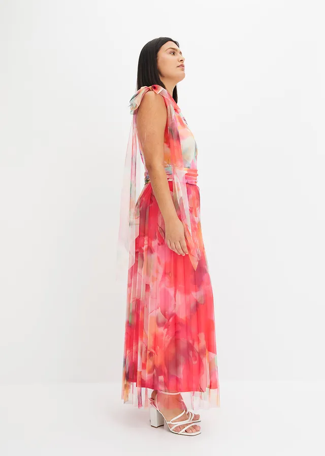 One-shoulder jurk met plissé rok, Kleur: pink-groen