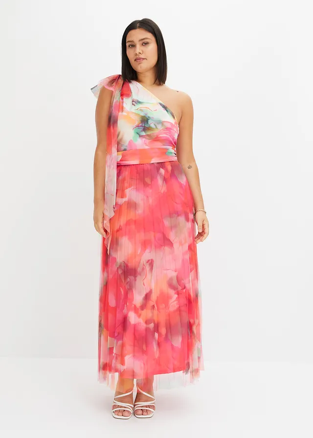 One-shoulder jurk met plissé rok, Kleur: pink-groen