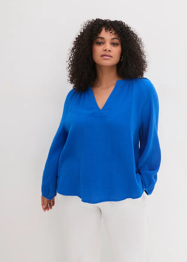Blouse oversize en gaze de coton, Couleur: bleu azur