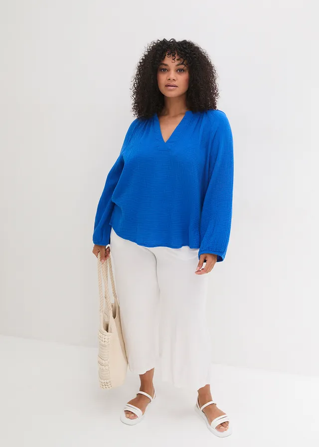 Oversized blouse van mousseline, Kleur: azuurblauw