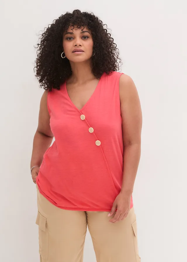 Katoenen top in wikkellook met elastiek, Kleur: kreeftrood