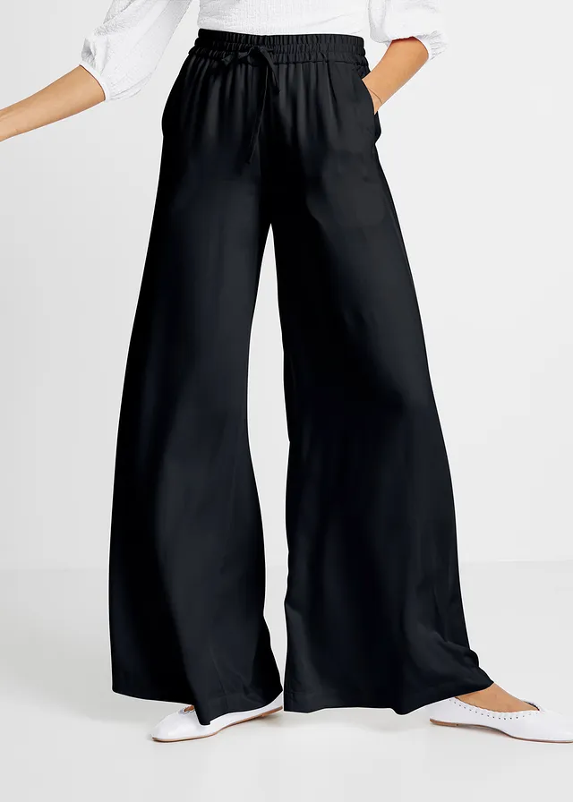 Pantalon fluide en viscose légèrement brillante, Couleur: noir