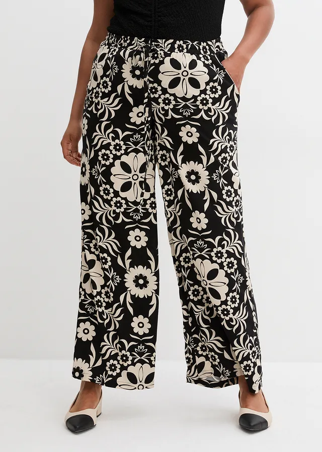Pantalon large en viscose fluide, Couleur: noir/beige galet imprimé