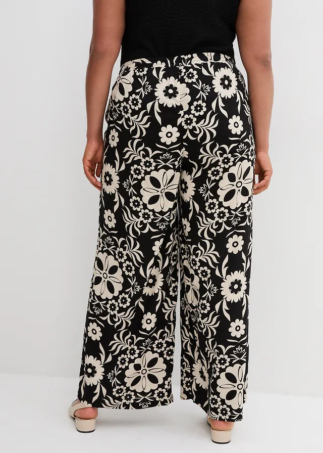 Pantalon large en viscose fluide, Couleur: noir/beige galet imprimé