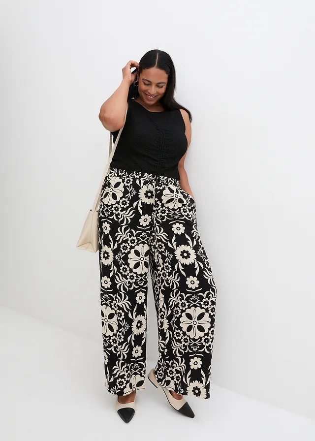 Pantalon large en viscose fluide, Couleur: noir/beige galet imprimé